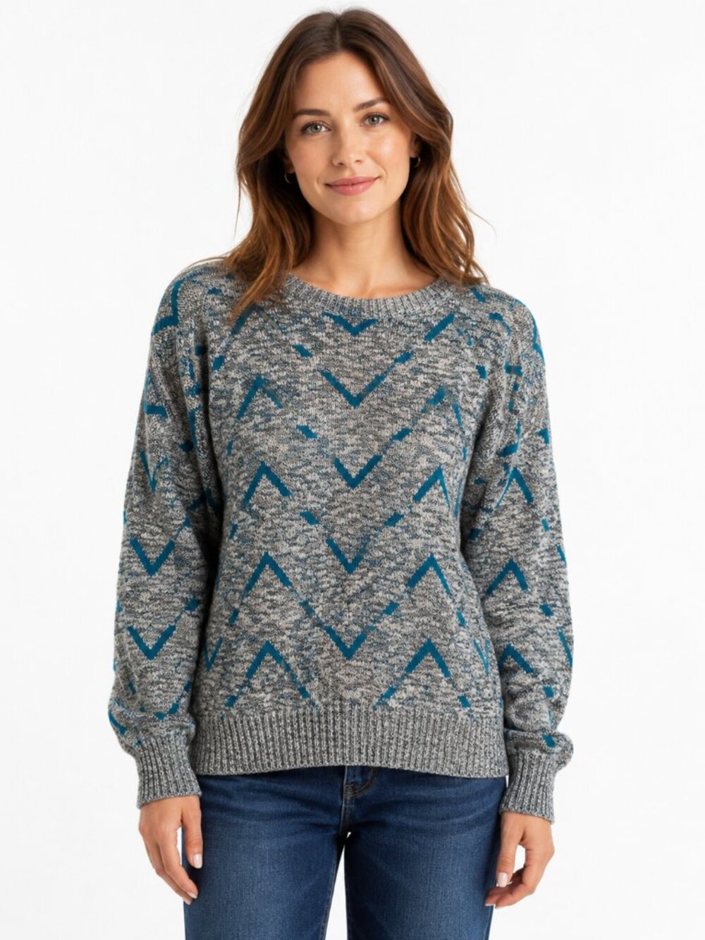 Vintage 80s Dale Sport Geometric Knit Pullover Sweater Teal Grey Oversized